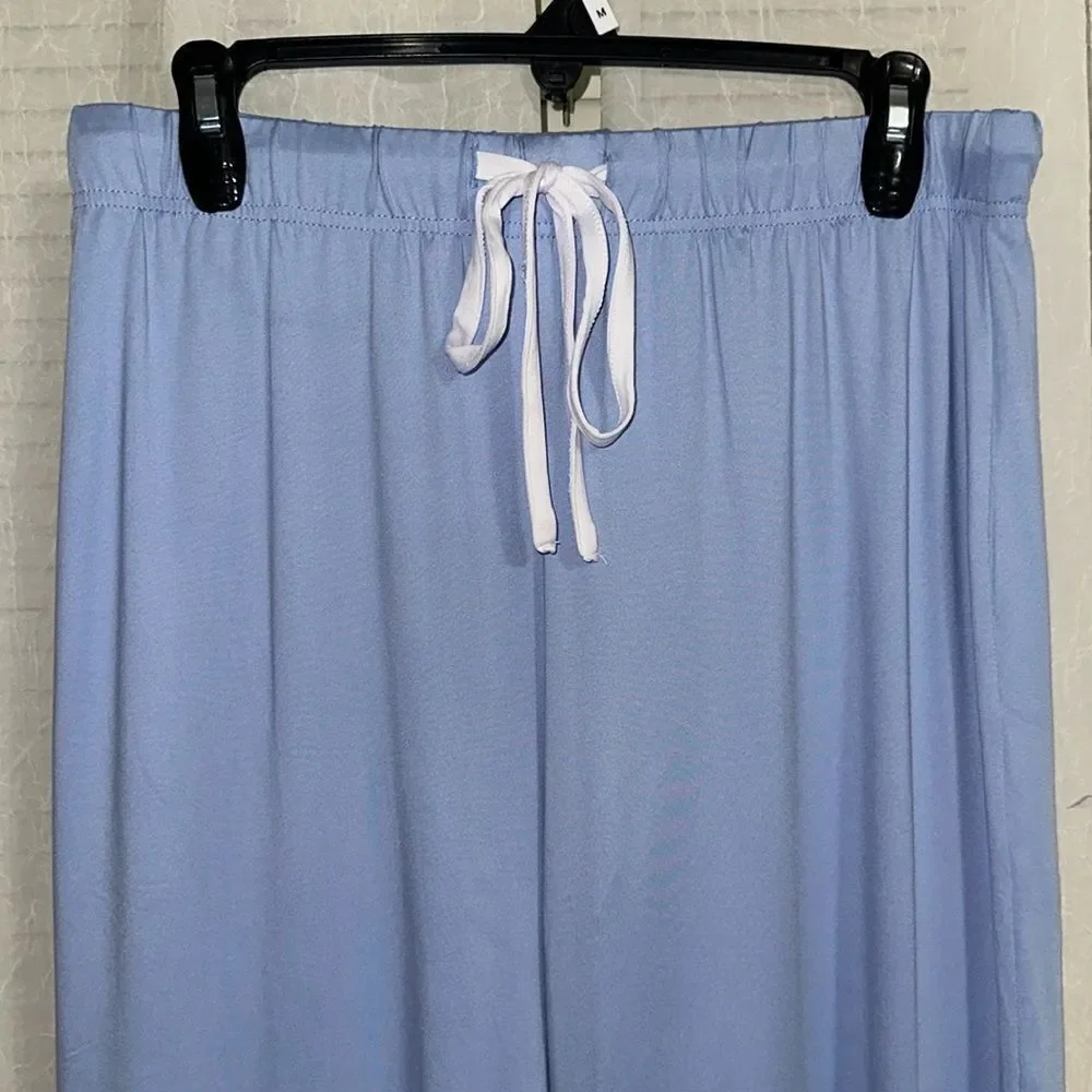 RAE DUNN. M Light Blue White Notch Collar Short Sleeve Button Top Cropped PJ - Picture 9 of 14